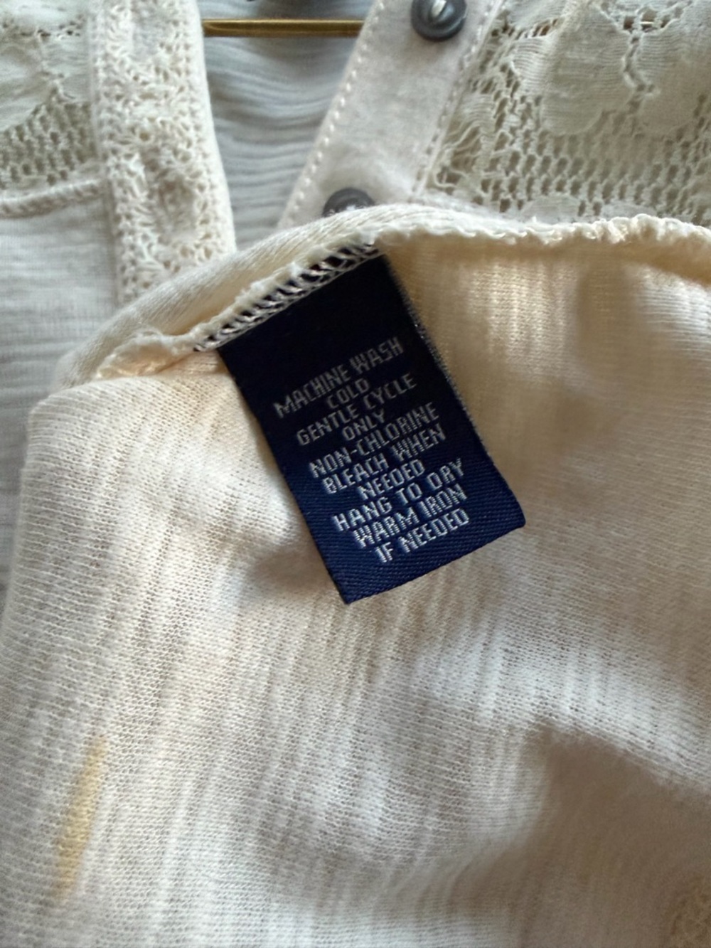 Chaps Cream Lace Yoke Henley 3/4 Sleeve Top - Picture 5 of 6